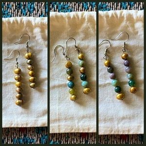 3 Pairs of HANDMADE Dangle Hook Earrings Gold Pearls, jade, agate, sandstone